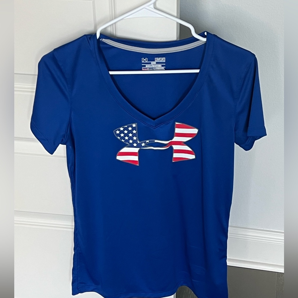 Under Armour Blue V-neck Heat Gear Loose Fit Shirt with Patriot Design